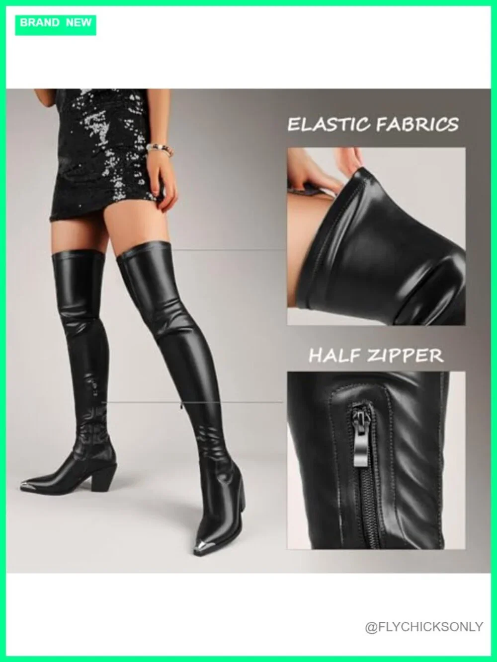 Thigh High Boots Leather PU Stretch Over The Knee Block Chunky Heel Pointed Toe